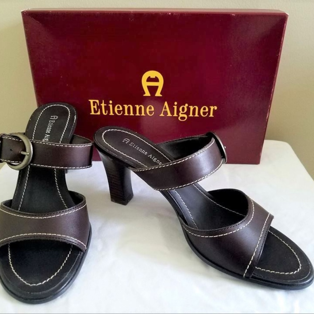Etienne Aigner deep brown leather slip on sandals